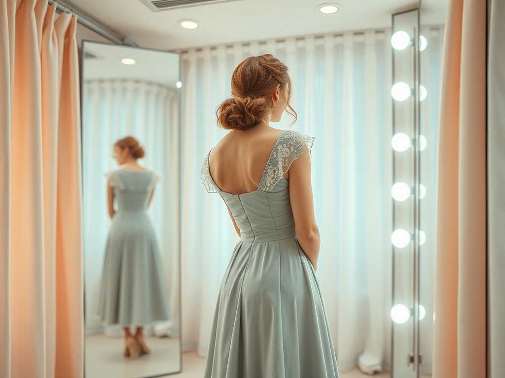 O tânără poartă o rochie de seară albastră, privindu-se în oglindă într-un dressing elegant.