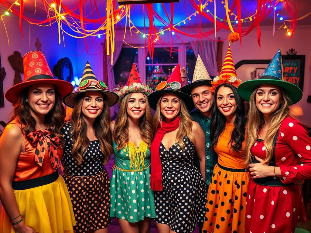 Un grup de fete îmbrăcate festiv, cu pălării colorate, zâmbind într-o atmosferă de sărbătoare.