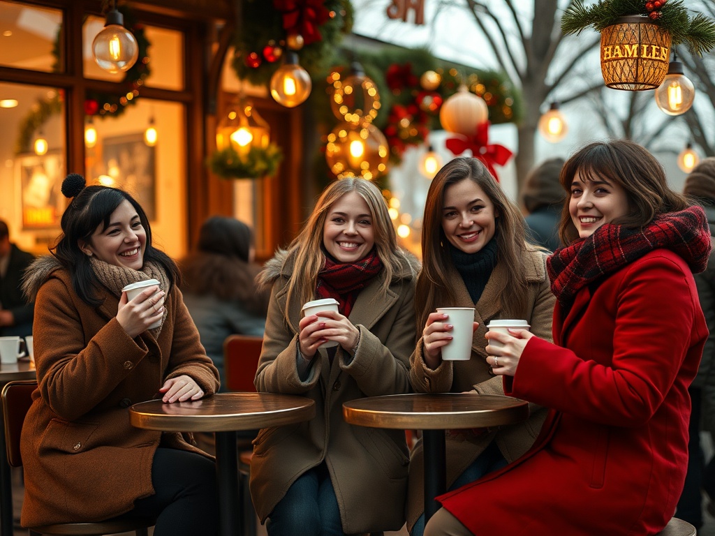 Patru prietene zâmbind și savurând băuturi calde într-un decor festiv de iarnă, lângă o cafenea.