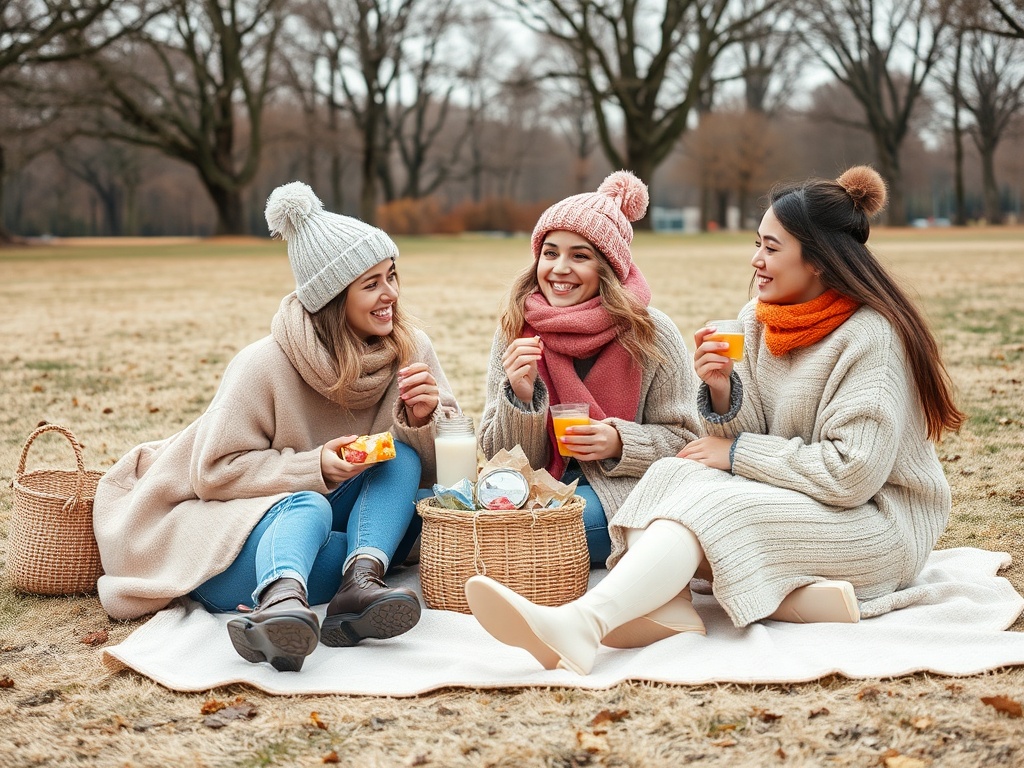 Trei femei relaxându-se într-un parc, bucurându-se de un picnic pe iarbă, cu băuturi și gustări.