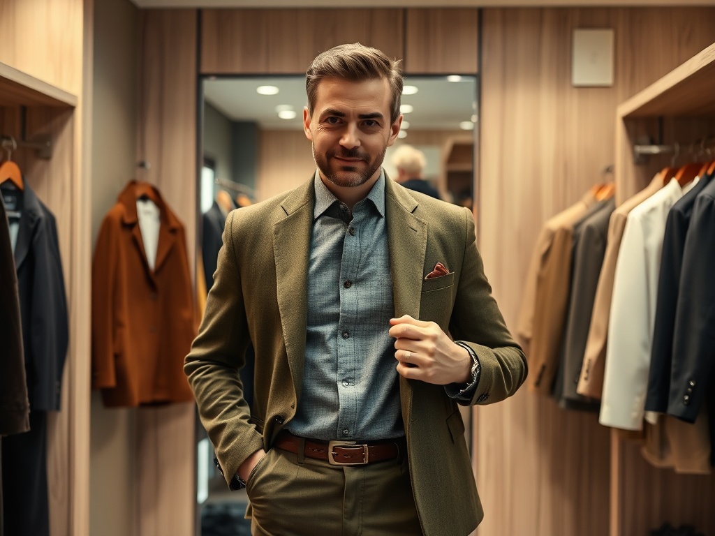 Un bărbat îmbrăcat elegant, cu un sacou verde, zâmbind în fața oglinzii dintr-un magazin de haine.