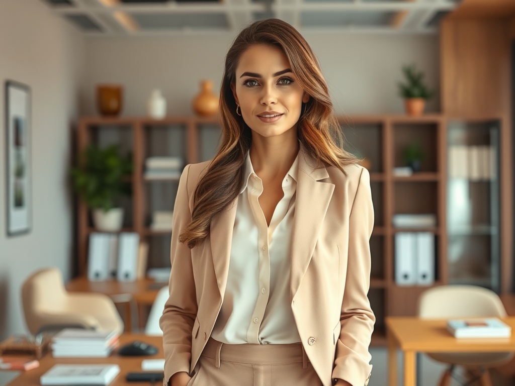O femeie într-un costum business, zâmbitoare, stând în fața unui birou modern, cu rafturi în fundal.