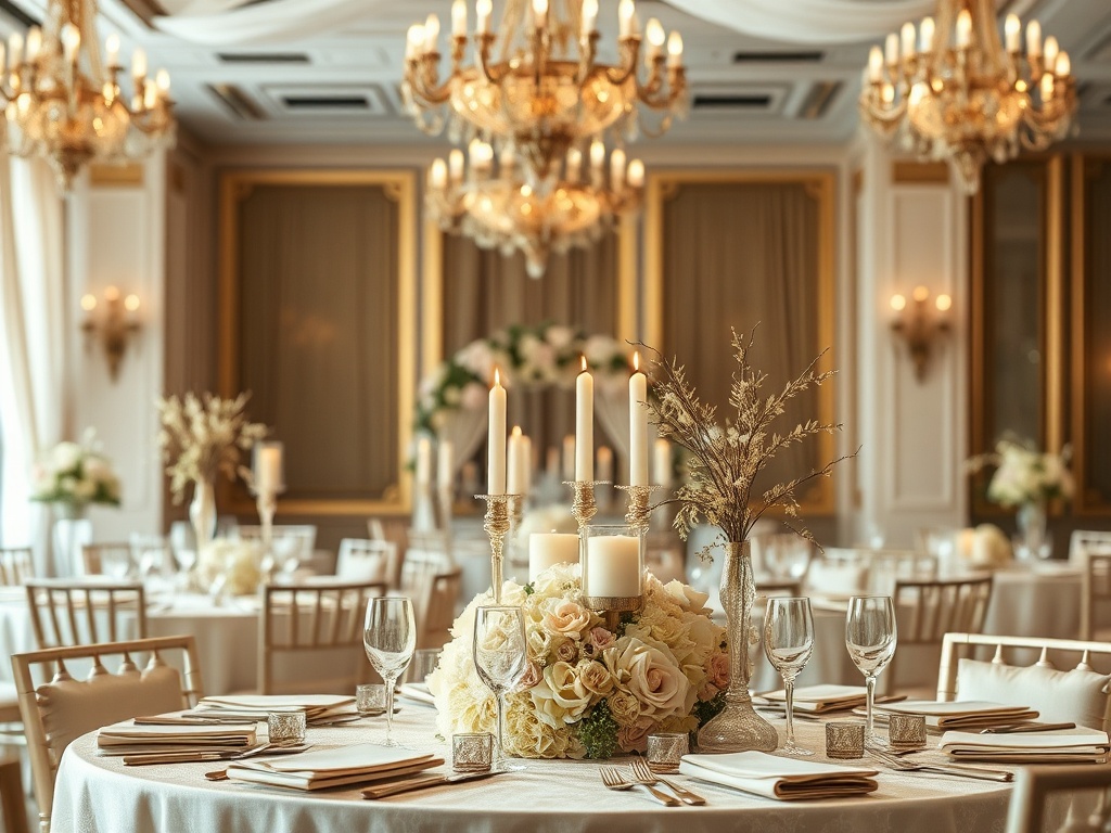 O masă elegantă de nuntă, decorată cu flori și lumânări, într-un interior rafinat cu candelabre strălucitoare.