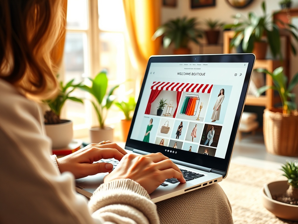 O persoană navighează pe un site de modă pe un laptop, înconjurată de plante în interior.