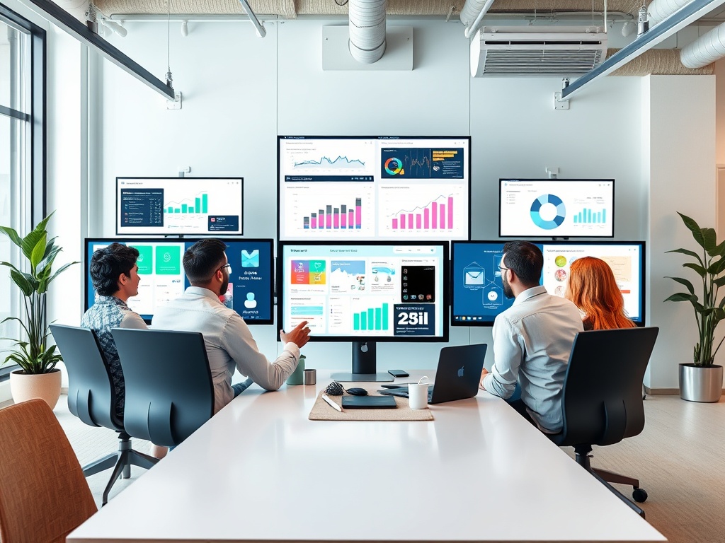 Un grup de oameni analizează statistici pe monitoare mari într-o sală de întâlnire modernă.